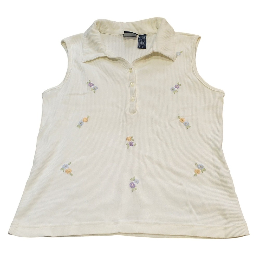 Vintage 90s Lizsport Liz Claiborne White Ribbed Sleeveless Polo Floral L Large